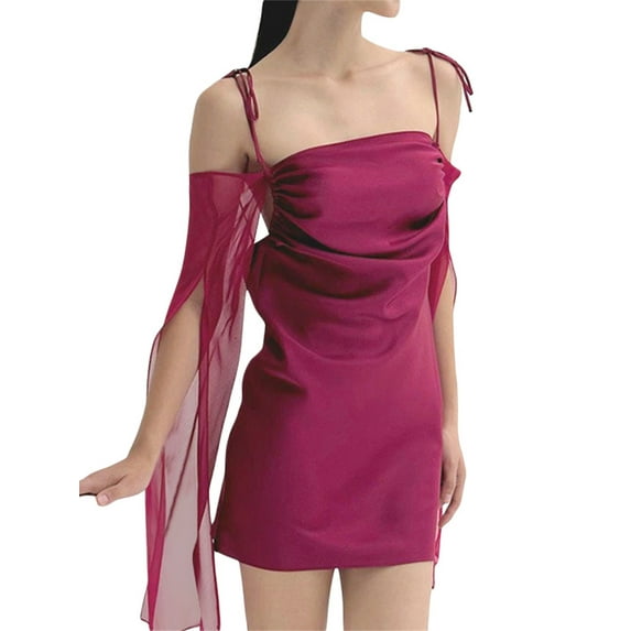 Franhais Women Mini Silp Dresses, Mesh Half Sleeve Bandage Solid Color Pleated Casual Club Party Summer Dresses