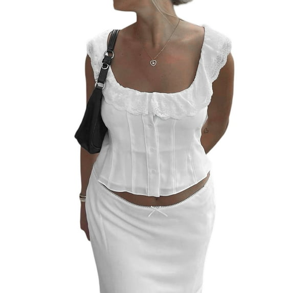 Franhais Women Patchwork Tank Tops, Sleeveless Floral Lace Trim Square Collar Button Crop Tops