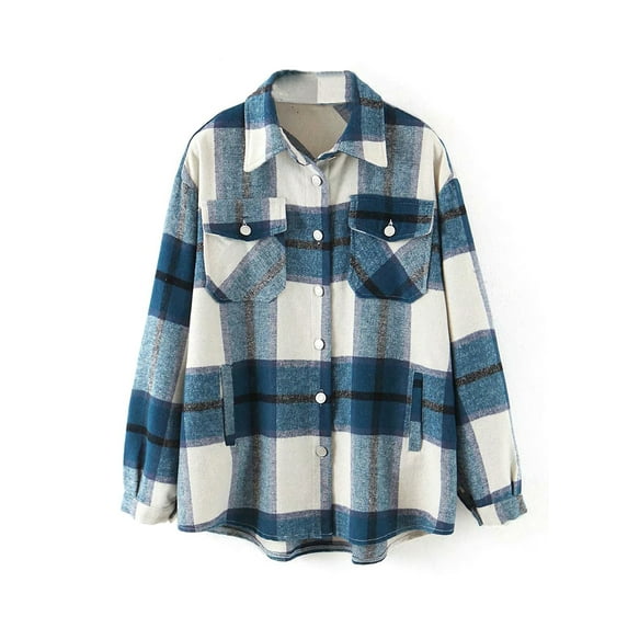 Franhais Women Plaid Button Down Jacket, Casual Long Sleeve Loose Coat Lapel Outwear with Pocket