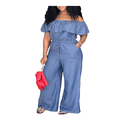 thumbnail image 1 of Franhais Women Plus Size Denim Off Shoulder Rompers Ruffle Slash Neck Drawstring Jumpsuits, 1 of 8