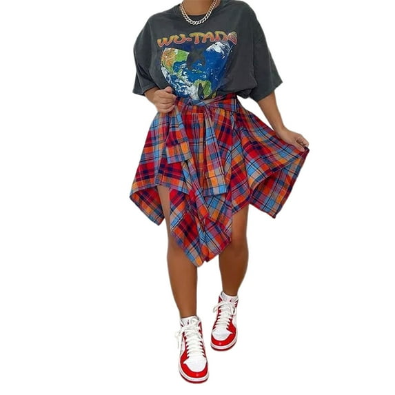 Franhais Women Short Skirt, Plaid Tie-Up High Waist Irregular Fake Shirt Style Skirts,Loose Outfits