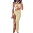 thumbnail image 1 of Franhais Women Sleeveless Halter Dress Summer Solid Color Cutout Drawstring Ruched Side Slit Dress, 1 of 9