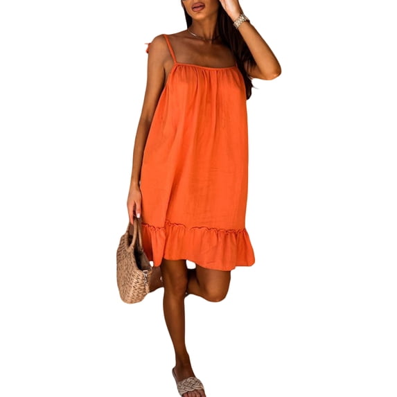 Franhais Women Sling Dress, Spaghetti Straps Tie-up Backless Ruffled Solid Loose Midi Dress for Club Party