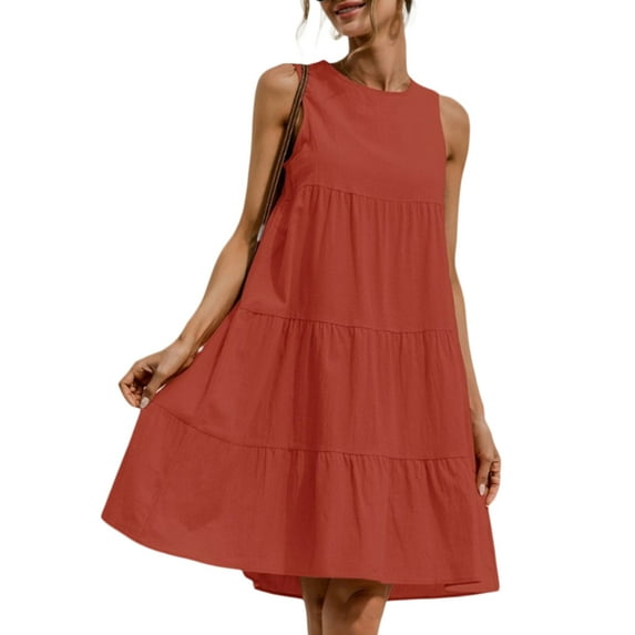 Franhais Women Solid Color Dress, Round Neck Sleeveless Back Button One-Piece, Casual Street Style Dress
