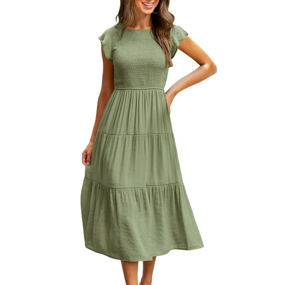 Franhais Women Solid Color Summer Dress, Round Neck Short Fly Sleeve Pleated Chest Cake Skirt