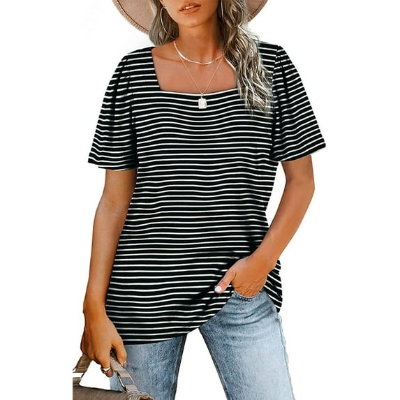 Franhais Women Square Neck Puff Short Sleeve T Shirt Solid Color Strips Print Basic Loose Summer Simple Tunic Blouses(S-2XL)