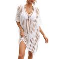 thumbnail image 1 of Franhais Women Summer Beach Cover-up, 3/4 Sleeve V-neck Hollowed Slit Loose Summer Top, 1 of 9