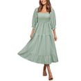 thumbnail image 1 of Franhais Women Summer Bohemian Dress, Adults Off-shoulder Smocked Puff Sleeve Plaid One-piece, 1 of 7