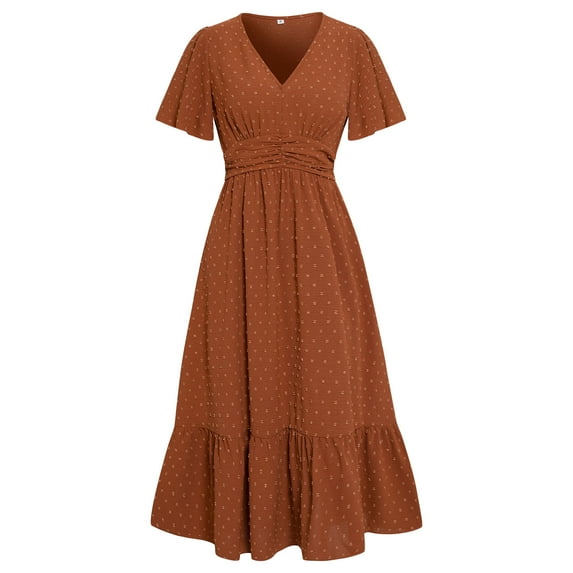 Franhais Women Summer Casual Long Dress Fashion Solid Color Swiss Dot V-Neck Ruffles Short Sleeve Sweet Dress Temperament Dress