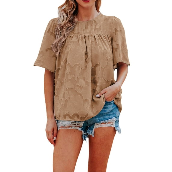 Franhais Women Summer Chiffon T-shirts Solid Color Lace Loose Casual Flared Short Sleeve Tops Streetwear for Daily