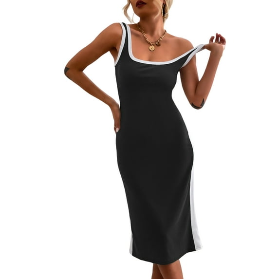 Franhais Women Summer Dress, Patchwork U-neck Elastic Slim Fit Tight Fitting Bodycon Skirt for Female