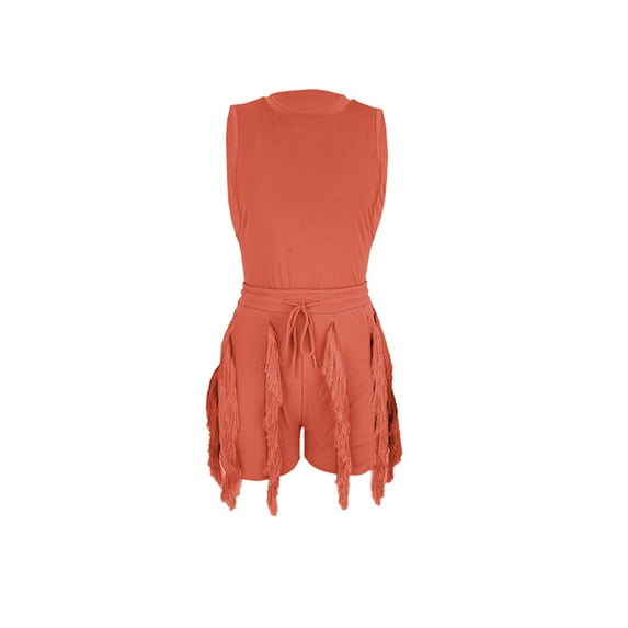 Franhais Women Summer Outfit Set Solid Color Sleeveless Tank Tops and Shorts with Fringe Clubwear