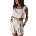 thumbnail image 1 of Franhais Women Summer Suit Two Piece, Solid Color Square Neck Crop Tops Button Shorts with Pockets Basic Set, 1 of 7