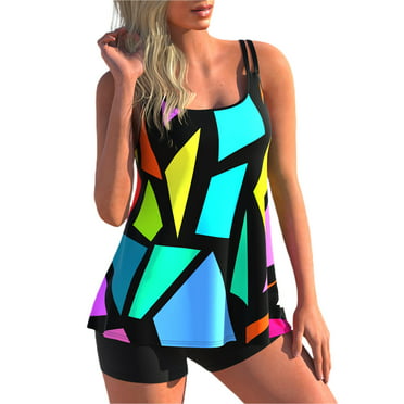 2Pcs Swimsuit for Women Tankini Set Swimwear Shirt + Shorts Rainbow ...