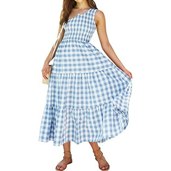 Franhais Women Swing Dress, Sleeveless One-shoulder Flowy Tiered Summer Casual Beach Long Dress