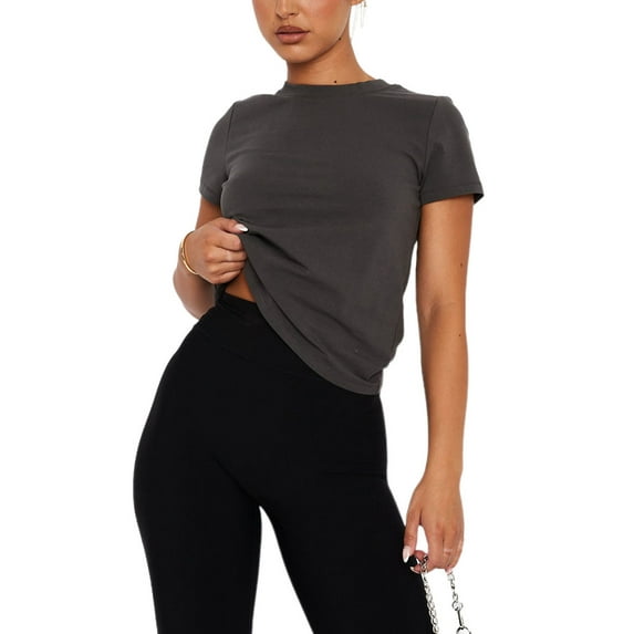 Franhais Women T-shirt, Crew Neck Short Sleeve Solid Slim Fit Summer Tops for Casual Daily