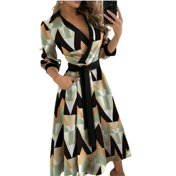 Franhais Women Tie-up Mid-rise Dress, Adults Solid Color/Print Long Sleeve V-neck One-piece