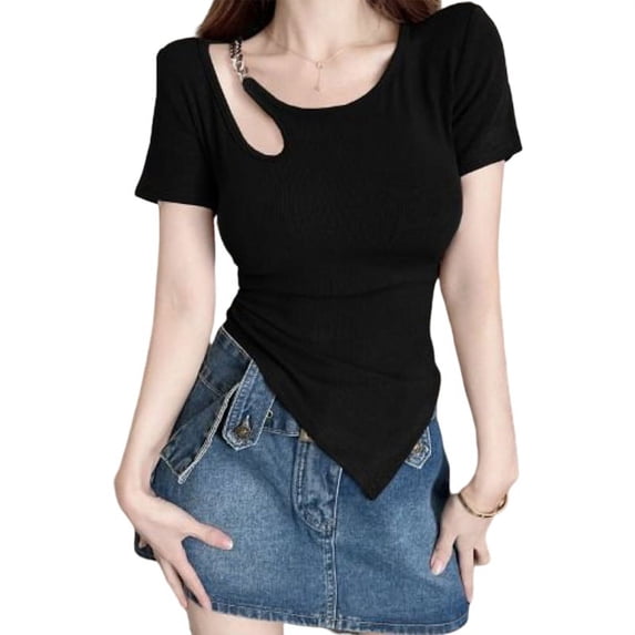 Franhais Women Tops, Short Sleeve Metal Chain Patchwork Casual Party Club Spring Summer Tops, One Size