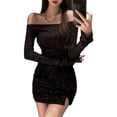 thumbnail image 1 of Franhais Women Wrap Slit Dress with Rhinestone Decors, Black Off-the-shoulder Long Sleeve Bodycon One-piece, S/ M/ L/ XL/ XXL, 1 of 7