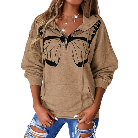 Franhais Women Zip Up Butterfly Hoodies Long Sleeve Oversized Vintage Sweatshirt Pullover E-Girl 90s Hoodie with Pocket Streetwear