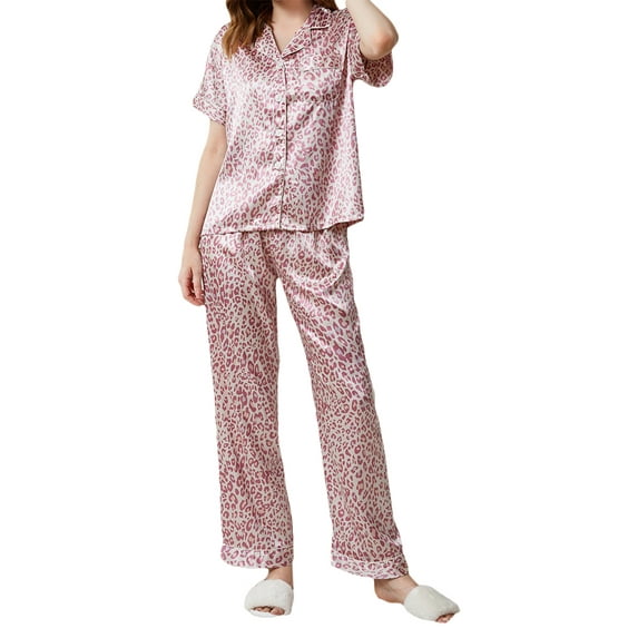 Franhais Women’s 2 Piece Pajamas Set, Classic Leopard Print Short Sleeve Button Up Shirt + Pants Set Sleepwear
