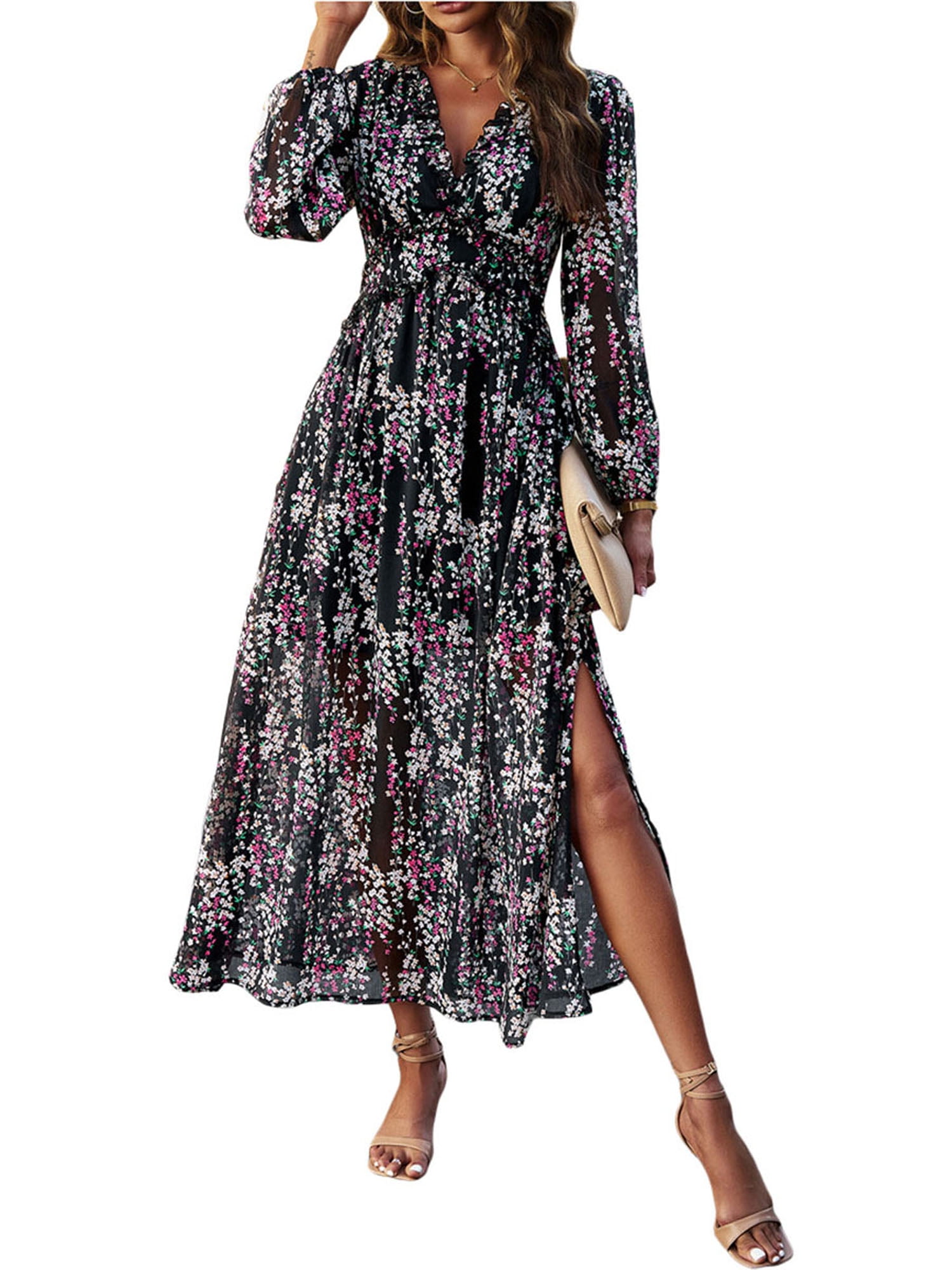 Franhais Women's Autumn Long Floral Dress Long Sleeve Deep V Neck — free download
