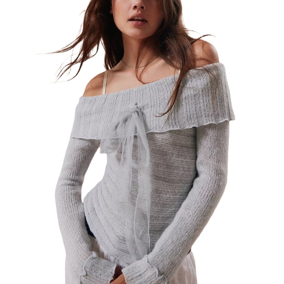 Franhais Women's Autumn Winter Knit Tops Solid Color Long Sleeve Off Shoulder Knitwear Sweater