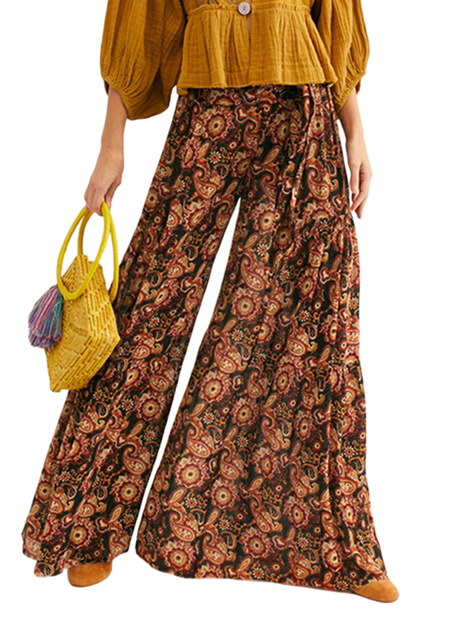 Women's Palazzo Pants with Waist Belt and Ruffled Hem