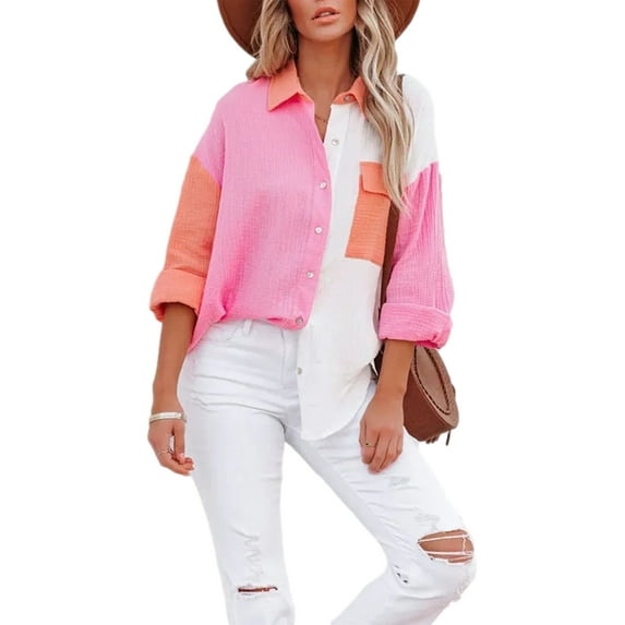 Franhais Women's Blouse Contrast Color Stitching Long Sleeve Lapel Button Closure Loose Versatile Casual Shirt Tops