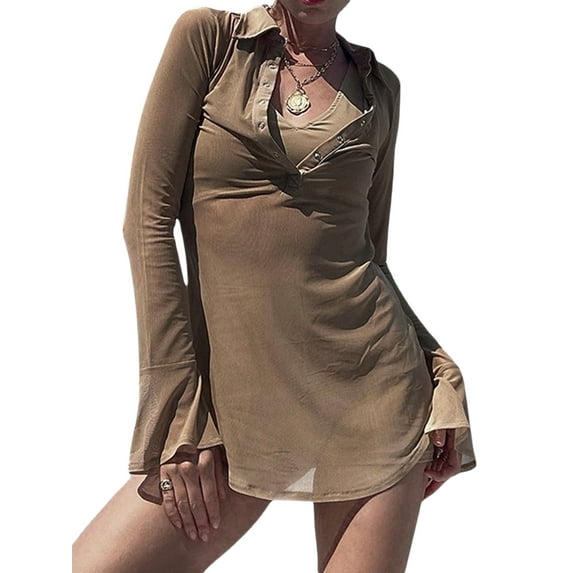 Franhais Women's Button Down Shirt Dress, Sheer Mesh Long Sleeve Solid Color Slim Fit Mini Dress