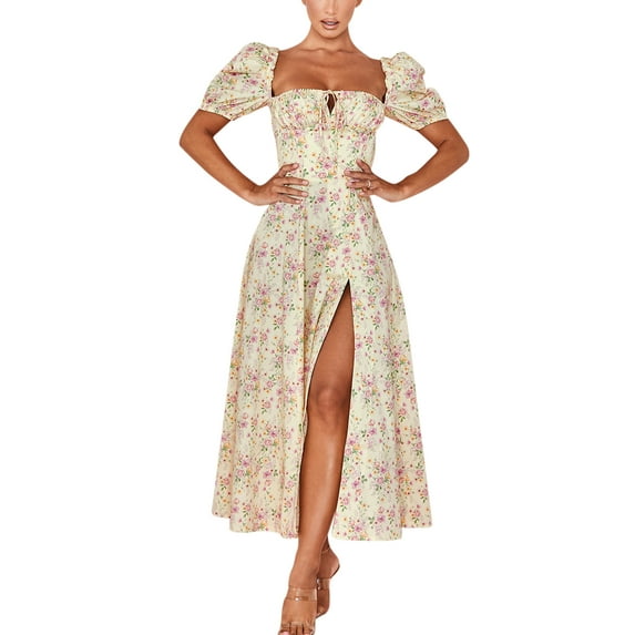 Franhais Women’s Casual Puff Sleeve Dress Summer Floral Lace-up Square Collar Split Long Dress