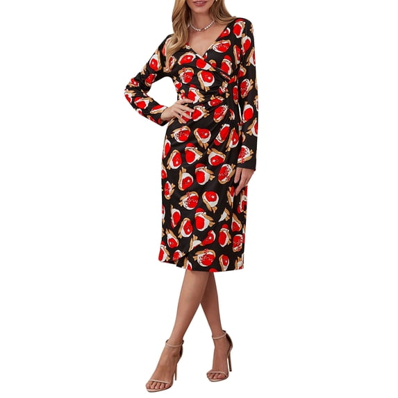 Franhais Women's Christmas Midi Dress Long Sleeve Deep V Neck Cartoon Pattern Print Party Dress