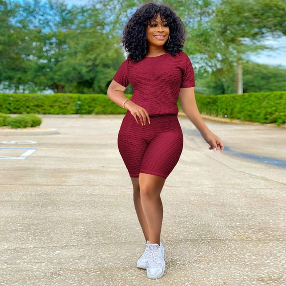 Franhais Women's Clothing Set, Short Sleeve Round Neck T-shirt and Shorts Two-piece Suit for Yoga Sports Fitness