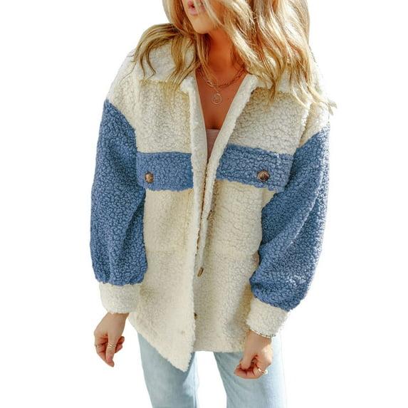 Franhais Women's Coat Autumn Winter Casual Plush Coat Contrast Color Long Sleeve Jacket