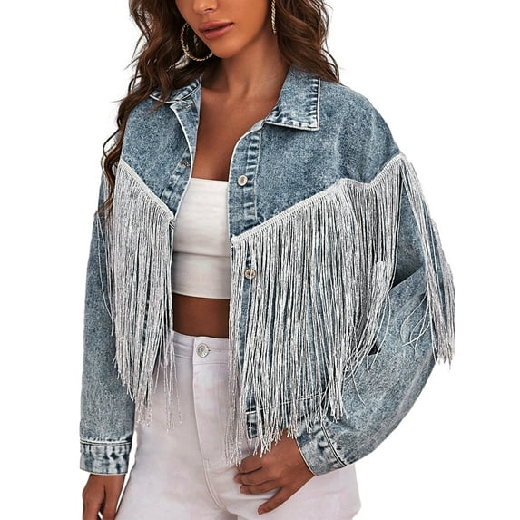 Franhais Women's Denim Short Cowgirl Coat, Long Sleeve Tassel Button Up Cropped Loose Jean Jackets
