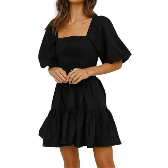 Franhais Women's Dress, Solid Color Square Neck Puff Short Sleeve Backless Ruffle Hem Female Mini Blouson Dress