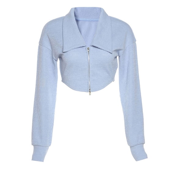 Franhais Women’s Fashion Solid Color Casual Long Sleeve Zipper POLO Neck Knitted Exposed Navel Tops
