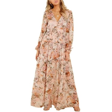 Franhais Women's Flower Print Long Dress Ruffled Long Sleeve V-Neck Slit A-Line Flowy Dress for Beach, Party