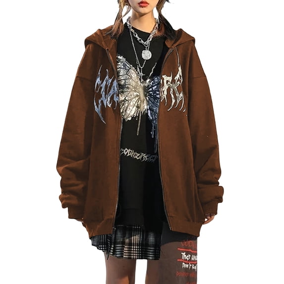 Franhais Women's Gothic Butterfly Graphic Hoodies, Long Sleeve Zip Up Loose Pocket Sweatshirts