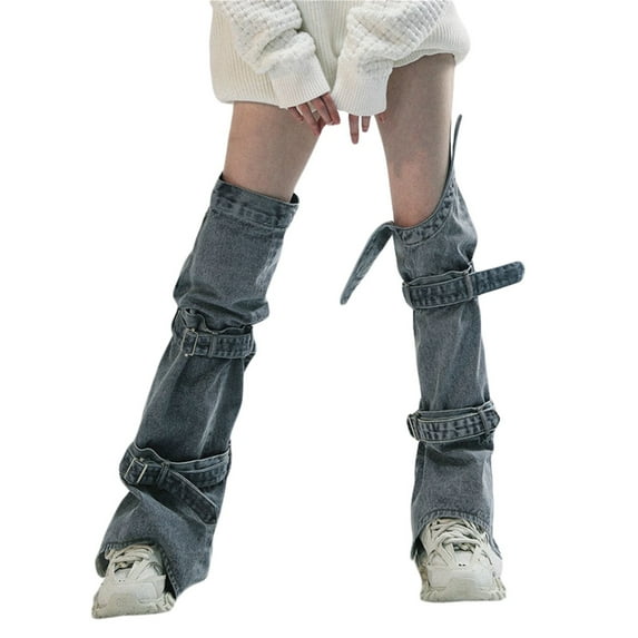 Franhais Women's Leg Warmers, Knee-Length Buckled Denim Leggings Stylish Jean Foot Socks for Lady