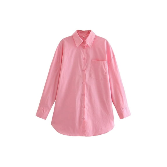 Franhais Women's Long Sleeve Shirt, Solid Color Turn-Down Collar Button-Down Loose Fit Blouse, Casual Simple Style Tops