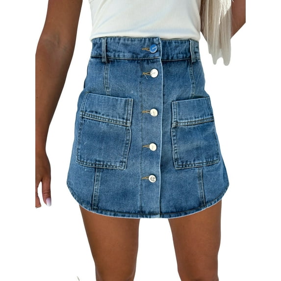 Franhais Women's Mini Denim Skirts Vintage High Waist Front Pocket Button Down Jean Skirts Skorts Streetwear