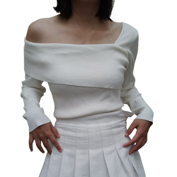 Franhais Women’s Off One Shoulder Tops Long Sleeve Solid Color Ribbed Knit Dressy Blouse Slim Fit T-Shirts