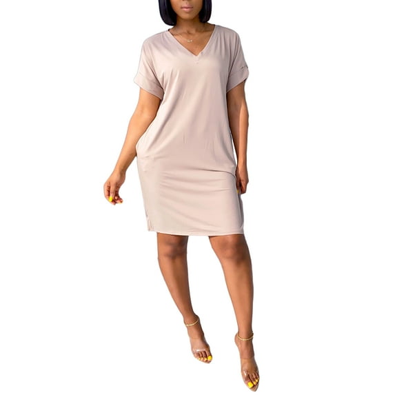 Franhais Women's Plus Size Midi Dress, Summer Solid Color V-Neck Short Sleeves Loose Casual Skirt