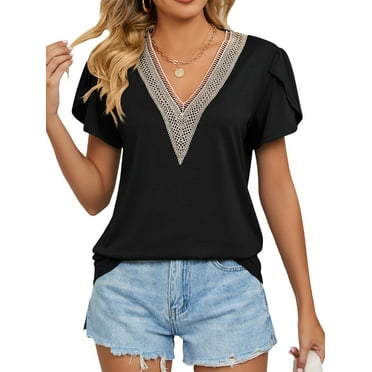 Franhais Women's Plus Size Summer Tops Short Sleeve Lace Pleated Blouses Tunic Tops