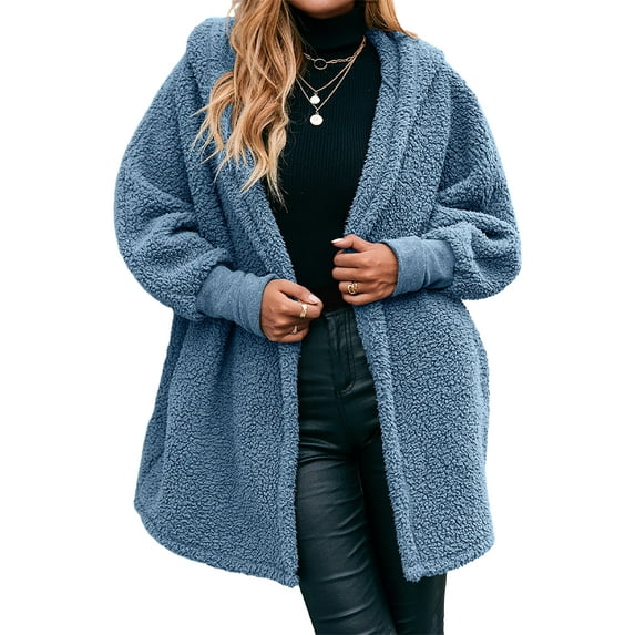 Franhais Women's Plush Reversible Hooded Jacket Solid Color Long Sleeve Open Front Loose Coat with Pockets