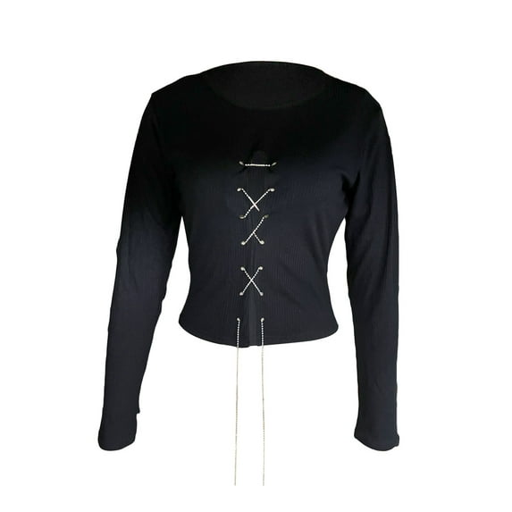 Franhais Women's Ribbed Knit Tops, Long Sleeve Round Neck Solid Color Metal Chain Front T-Shirts