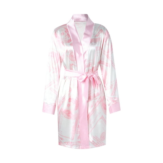 Franhais Women's Satin Robe, Trendy Dollar Print Long Sleeve Silky Kimono Bathrobe Sleepwear with Belt
