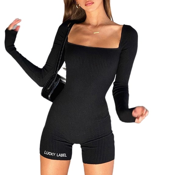 Franhais Women's Short Jumpsuit Letter Print Square Neck Slim Fit Long Sleeve Knitted Style Bodysuit