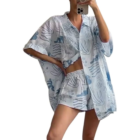 Franhais Women's Short Pants Outfits, Pattern Printed Lapel Button-Down Tops + Elastic Waist Shorts Loose Fit Set